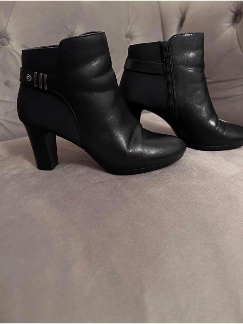 Anne Klein Black Leather Ankle Boots with Decorative Strap